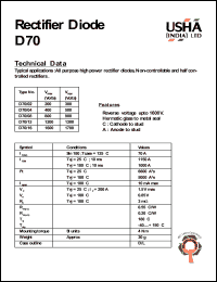D70/02 datasheet: Rectifier diode. Vrrm = 200V, Vrsm = 300V. All purpose high power rectifier diodes. Non-controllable and half controlled rectifiers. D70/02