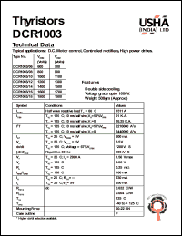 DCR1003/06 datasheet: Thyristor. Vrrm = 600V, Vrsm = 700V. D.C. motor control, controlled rectifiers, high power drives. DCR1003/06