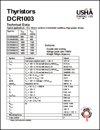 DCR1003/10 datasheet: Thyristor. Vrrm = 1000V, Vrsm = 1100V. D.C. motor control, controlled rectifiers, high power drives. DCR1003/10