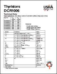 DCR1006/20 datasheet: Thyristor. Vrrm = 2000V, Vrsm = 2100V. D.C. motor control, controlled rectifiers, high power drives. DCR1006/20