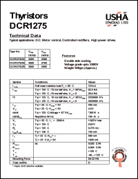 DCR1275/22 datasheet: Thyristor. Vrrm = 2200V, Vrsm = 2300V. D.C. motors control, controlled rectifiers, high power drives. DCR1275/22