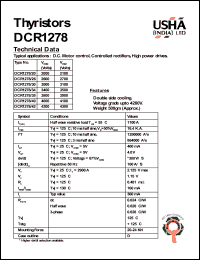 DCR1278/20 datasheet: Thyristor. Vrrm = 2000V, Vrsm = 2100V. D.C. motors control, controlled rectifiers, high power drives. DCR1278/20
