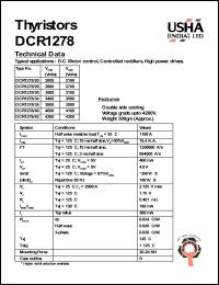 DCR1278/26 datasheet: Thyristor. Vrrm = 2600V, Vrsm = 2700V. D.C. motors control, controlled rectifiers, high power drives. DCR1278/26