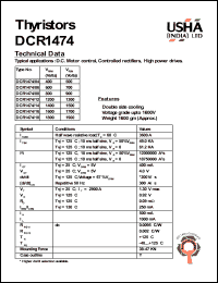 DCR1474/04 datasheet: Thyristor. Vrrm = 400V, Vrsm = 500V. D.C. motors control, controlled rectifiers, high power drives. DCR1474/04