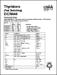 DCR444/04 datasheet: Thyristor(fast switching). Vrrm = 400V, Vrsm = 500V. High power inverters and choppers, railway traction, UPS, induction heating, AC motor drives and cycloconvertors. DCR444/04