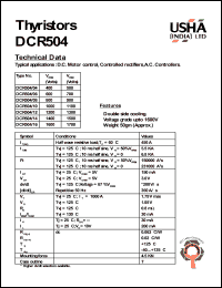 DCR504/14 datasheet: Thyristor. Vrrm = 1400V, Vrsm = 1500V. D.C. motor control, controlled rectifiers, A.C controllers. DCR504/14
