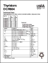DCR604/08 datasheet: Thyristor. Vrrm = 800V, Vrsm =900V. D.C. motor control, controlled rectifiers, high power drives. DCR604/08
