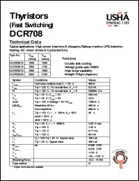 DCR708/14 datasheet: Thyristor(fast switching). Vrrm = 1400V, Vrsm = 1500V. High power invertors and choppers, railway traction, UPS, induction heating, AC motor drives and cyclconvertors. DCR708/14