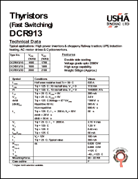 DCR913/16 datasheet: Thyristor(fast switching). Vrrm = 1600V, Vrsm = 1700V. High power invertors and choppers, railway traction, UPS, induction heating, AC motor drives and cyclconvertors. DCR913/16