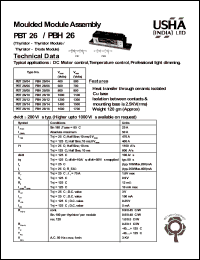 PBT26/04 datasheet: Moulded module assembly(thyristor-thyristor module). Vrrm = 400V, Vrsm = 500V. DC motor control, temperature control, professional light dimming. PBT26/04