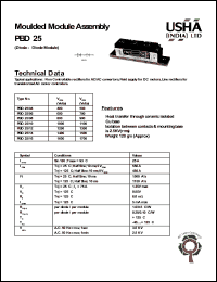 PBD25/16 datasheet: Moulded module assembly(diode-diode module). Vrrm = 1600V, Vrsm = 1700V. Non controllable rectifiers for AC/AC convertors, field supply for DC motors, line rectifiers for transistorized AC motor controllers. PBD25/16