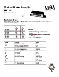 PBD45/06 datasheet: Moulded module assembly(diode-diode module). Vrrm = 600V, Vrsm = 700V. Non controllable rectifiers for AC/AC convertors, field supply for DC motors, line rectifiers for transistorized AC motor controllers. PBD45/06