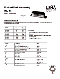 PBD55/06 datasheet: Moulded module assembly(diode-diode module). Vrrm = 600V, Vrsm = 700V. Non controllable rectifiers for AC/AC convertors, field supply for DC motors, line rectifiers for transistorized AC motor controllers. PBD55/06