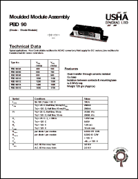 PBD90/04 datasheet: Moulded module assembly(diode-diode module). Vrrm = 400V, Vrsm = 500V. Non controllable rectifiers for AC/AC convertors, field supply for DC motors, line rectifiers for transistorized AC motor controllers. PBD90/04