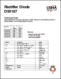 DS1107/24 datasheet: Rectifier diode. All purpose high power rectifier diodes, non-controllable and haft controlled rectifiers. Free-wheeling diodes & traction. Vrrm = 2400V, Vrsm = 2500V. DS1107/24