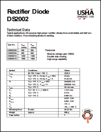 DS2002/04 datasheet: Rectifier diode. All purpose high power rectifier diodes, non-controllable and haft controlled rectifiers. Free-wheeling diodes & welding. Vrrm = 400V, Vrsm = 500V. DS2002/04