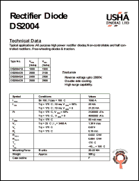 DS2004/28 datasheet: Rectifier diode. All purpose high power rectifier diodes, non-controllable and haft controlled rectifiers. Free-wheeling diodes & traction. Vrrm = 2800V, Vrsm = 2900V. DS2004/28