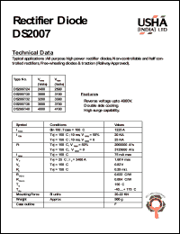 DS2007/24 datasheet: Rectifier diode. All purpose high power rectifier diodes, non-controllable and haft controlled rectifiers, free-wheeling diodes & traction (railway approved). Vrrm = 2400V, Vrsm = 2500V. DS2007/24