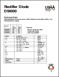 DS4000/04 datasheet: Rectifier diode. All purpose high power rectifier diodes, non-controllable rectifiers. Free-wheeling diodes & welding. Vrrm = 400V, Vrsm = 500V. DS4000/04