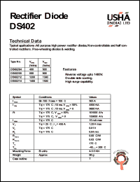 DS402/04 datasheet: Rectifier diode. All purpose high power rectifier diodes, non-controllable rectifiers. Free-wheeling diodes & welding. Vrrm = 400V, Vrsm = 500V. DS402/04