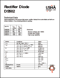 DS502/12 datasheet: Rectifier diode. All purpose high power rectifier diodes, non-controllable and haft controlled rectifiers. Free-wheeling diodes & welding. Vrrm = 1200V, Vrsm = 1300V. DS502/12