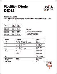 DS912/36 datasheet: Rectifier diode. All purpose high power rectifier diodes, non-controllable rectifiers. Free-wheeling diodes, welding & traction. Vrrm = 3600V, Vrsm = 3700V. DS912/36