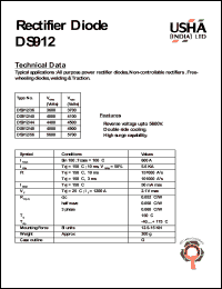 DS912/56 datasheet: Rectifier diode. All purpose high power rectifier diodes, non-controllable rectifiers. Free-wheeling diodes, welding & traction. Vrrm = 5600V, Vrsm = 5700V. DS912/56