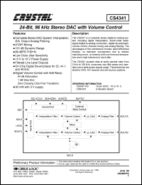 CDB4341 datasheet: 24-bit, 96kHz stereo DAC wit volume control CDB4341