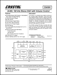 CDB4391 datasheet: 24-bit, 192 kHz stereo DAC with volume control CDB4391