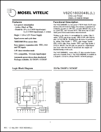 V62C1802048LL-70V datasheet: Ultra low power 256K x 8 CMOS SRAM V62C1802048LL-70V