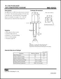 MID-52422 datasheet: T-1 3/4 package NPN phototransistor MID-52422