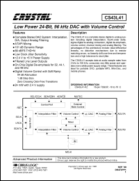 CS43L41-KZ datasheet: Low power 24-bit, 96kHz DAC with volume control CS43L41-KZ