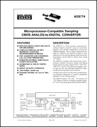 ADS774KU datasheet: Microprocessor-compatible sampling CMOS analog-to-digital converter, 12-BIT 1/2LSB, SINAD=70dB ADS774KU