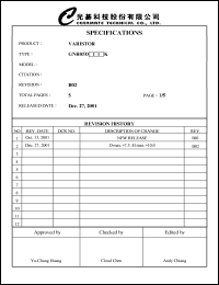 GNR05D220K datasheet: Varistor. Max allowable voltage: ACrms=14V, DC=18V. Varistor voltage 20-24V. GNR05D220K