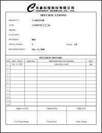 GNR07D470K datasheet: Varistor. Max allowable voltage: ACrms=30V, DC=38V. Varistor voltage 45-52V. GNR07D470K