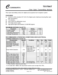 TX179AT datasheet: Fiber optic transmitting module. Operating voltage 4.75V (min), 5V (typ), 5.25V (max). Operating current 8mA (typ), 13mA (max) TX179AT