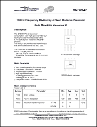CND2047-99F/00 datasheet: 10GHz frequency divider by 4 fixed modulus prescaler. CND2047-99F/00