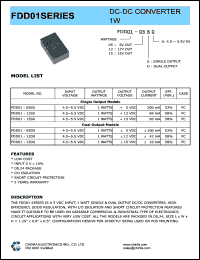 FDD01-12S0 datasheet: 1 W DC/DC converter,input voltage 4.5-5.5 V, output voltage 12 V, output current 84 mA FDD01-12S0