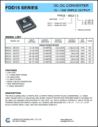 FDD15-0515T3 datasheet: 15 W DC/DC converter,input voltage 36-72 V, output voltage 5/+/-15 V, output current 2A/+/-0.16A FDD15-0515T3