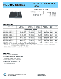 HDD100-24S05-P datasheet: 100 W DC/DC converter,input voltage 18-36 V, output voltage 5 V, output current 20000 mA HDD100-24S05-P