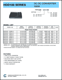 HDD100-48S15-P datasheet: 100 W DC/DC converter,input voltage 36-72 V, output voltage 15 V, output current 6600 mA HDD100-48S15-P