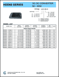 HDD60-48S15-P datasheet: 60 W DC/DC converter,input voltage 36-72 V, output voltage 15 V, output current 4000 mA HDD60-48S15-P
