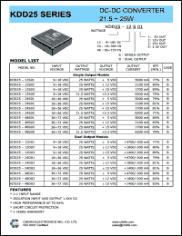 KDD25-12S01 datasheet: 25 W DC/DC converter,input voltage 9-18 V, output voltage 5V, output current 5000 mA KDD25-12S01