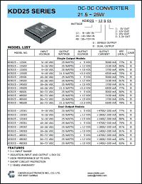 KDD25-24S01 datasheet: 25 W DC/DC converter,input voltage 18-36 V, output voltage 5V, output current 5000 mA KDD25-24S01