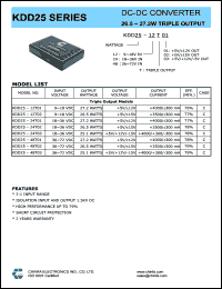 KDD25-12T02 datasheet: 26.5 W DC/DC converter,input voltage 9-18 V, output voltage +5V/+/-15V, output current +3500/+/-300 mA KDD25-12T02