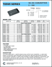 TDD05-03S4 datasheet: 5 W DC/DC converter,input voltage 10-36 V, output voltage 3.3V, output current 1500 mA TDD05-03S4