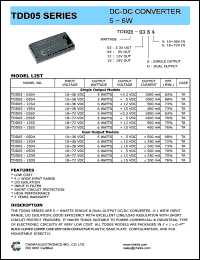 TDD05-03S5 datasheet: 5 W DC/DC converter,input voltage 18-72 V, output voltage 3.3V, output current 1500 mA TDD05-03S5