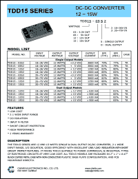 TDD15-12S3 datasheet: 15 W DC/DC converter,input voltage 35-75 V, output voltage 12 V, output current 1250 mA TDD15-12S3