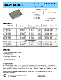 TDD25-12D2 datasheet: 25 W DC/DC converter,input voltage 18-60 V, output voltage +/-12 V, output current +/-1000 mA TDD25-12D2