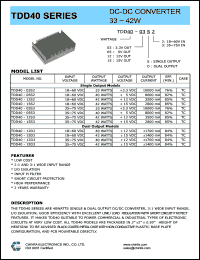 TDD40-05S3 datasheet: 40 W DC/DC converter,input voltage 35-75 V, output voltage 5 V, output current 8000 mA TDD40-05S3